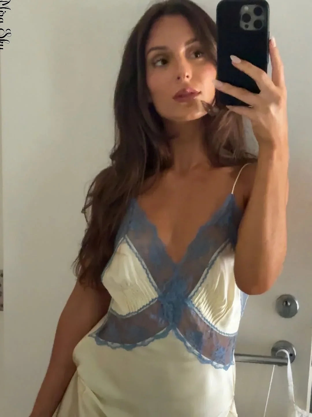 Lady Beige Satin Lace Patch Cami Mini Dress