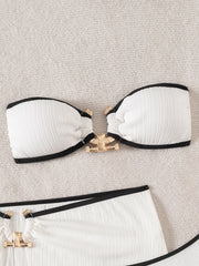 Whiet Patchwork Metal Circle Push Up Skirt 3 Piece Swimsuit