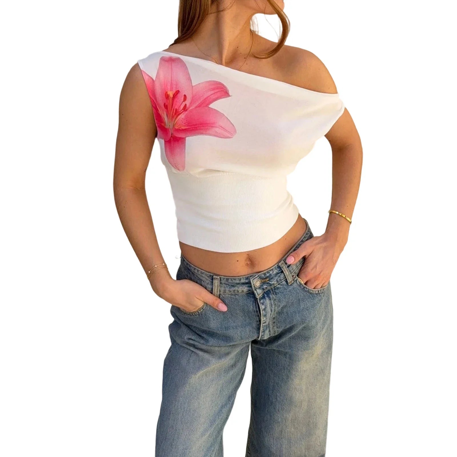 Flower Print Slash Neck Sleeveless Open Back Cross Tie-up Crop Tank Tops