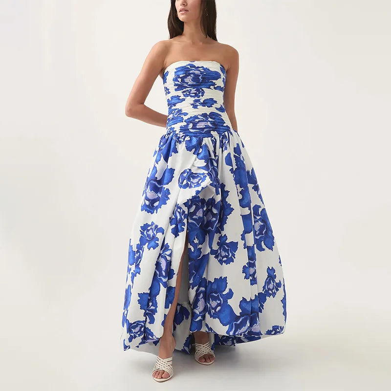 Retro Printed Strapless Brithday Dress