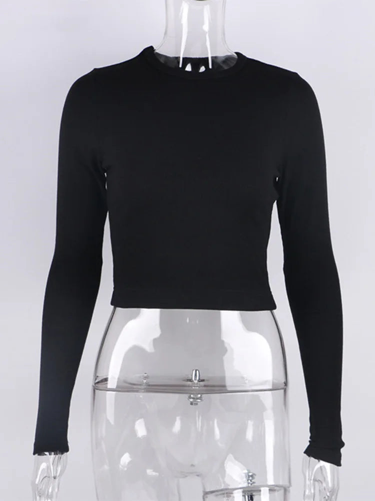 O Neck Long Sleeve Shirt Ribbed Sexy Cropped Tops