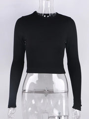 O Neck Long Sleeve Shirt Ribbed Sexy Cropped Tops
