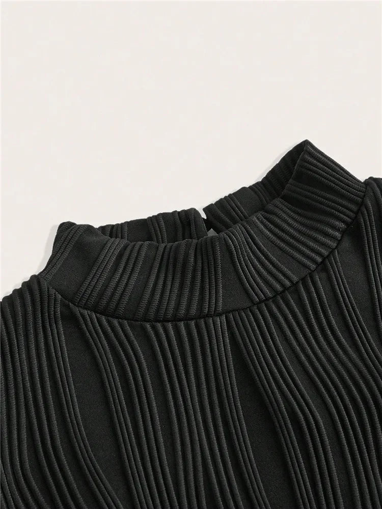 Casual Black Mock Neck Flare Long Sleeve Crop Top