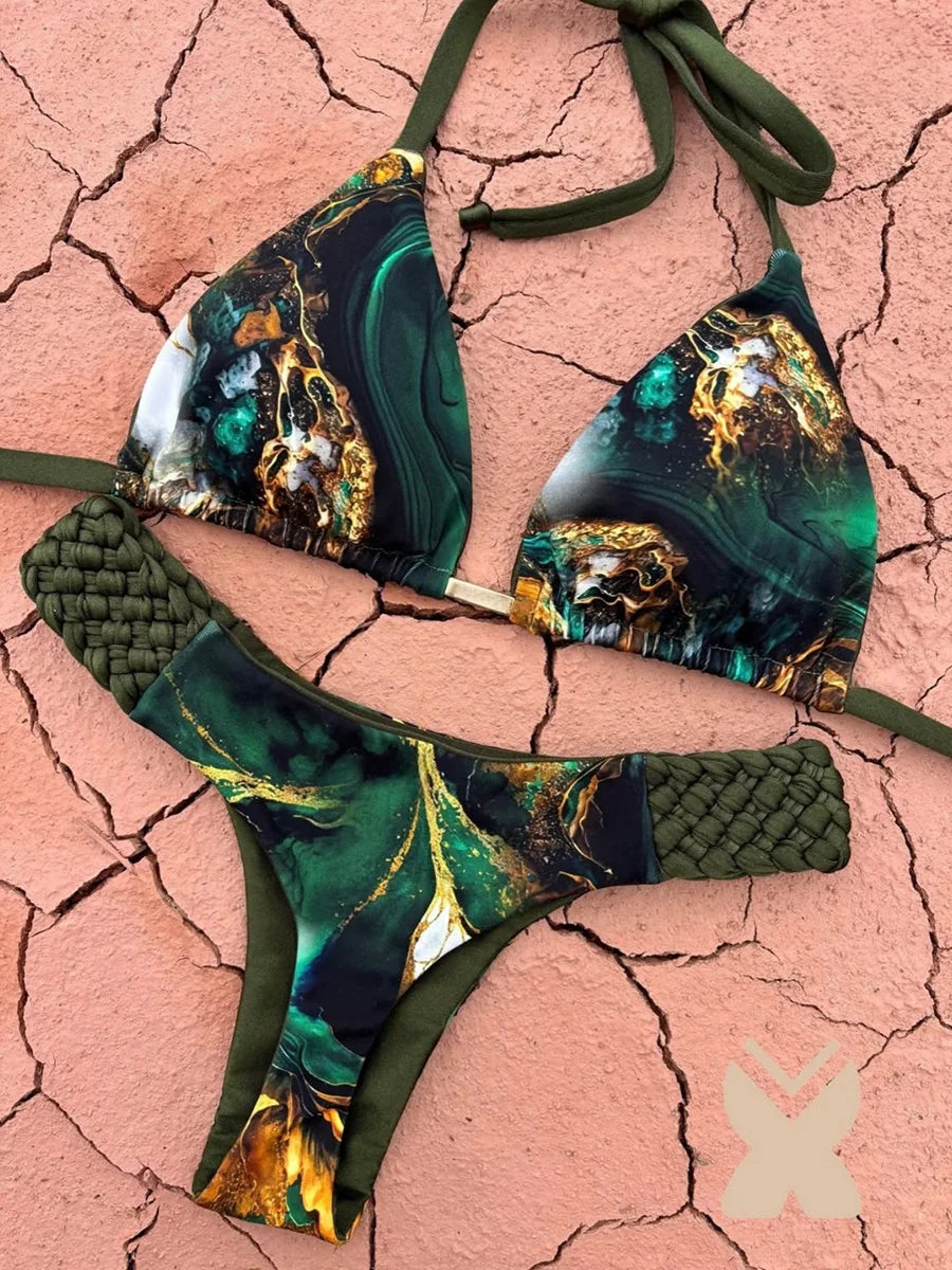 Print Halter Braided Rope Mini Thong Bikini