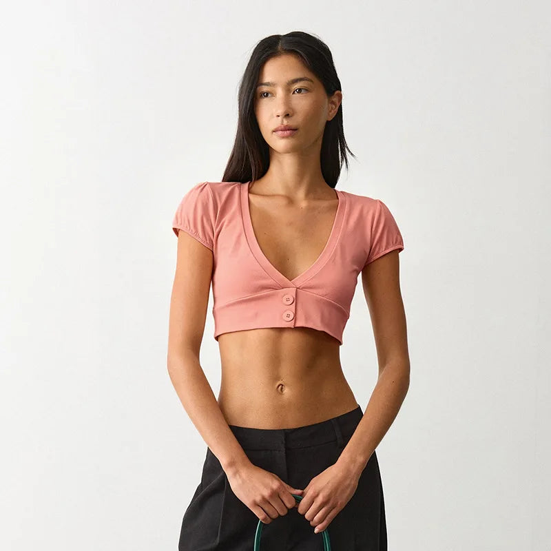 Solid V Neck Button Front Crop Top