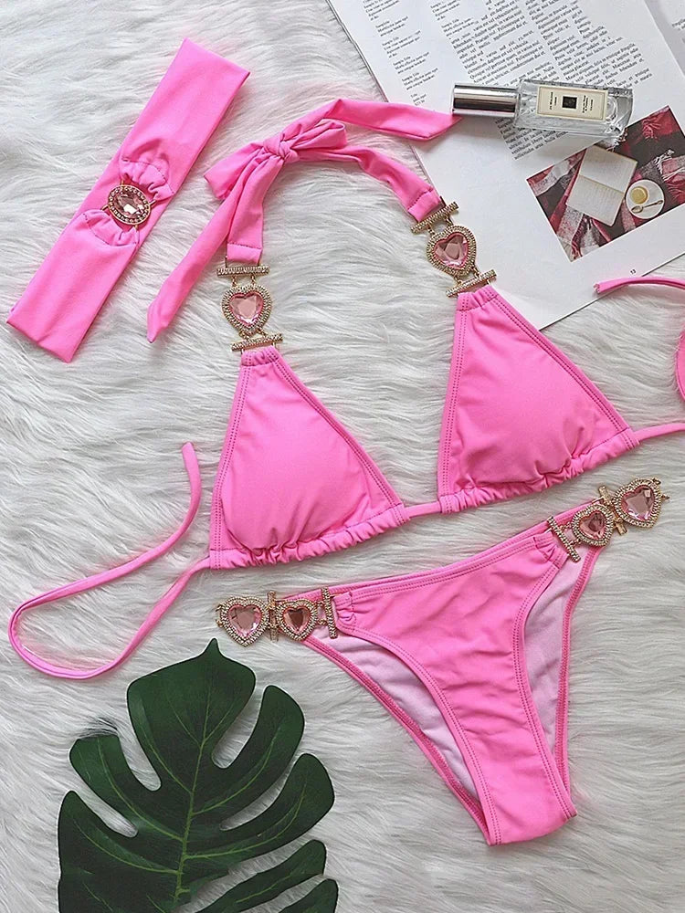 3PCS Halter Jewelled Diamond Bikini