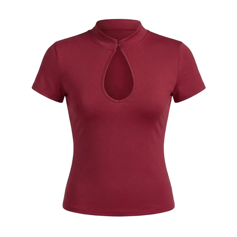 Women's Trendy Cut Out Short Sleeve Basic T-Shirt Sexy Vintage Keyhole Neck Crop Tops