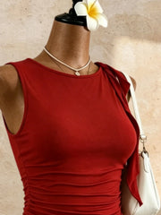 Round Neck Sleeveless Side Tie Knot Ruched Slim Fit Crop Tank Top