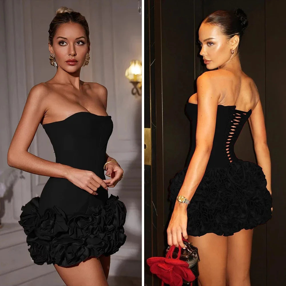 Sexy Sleeveless Off Shoulder Self Tie Knot 3D Floral Embroidery Mini Dress
