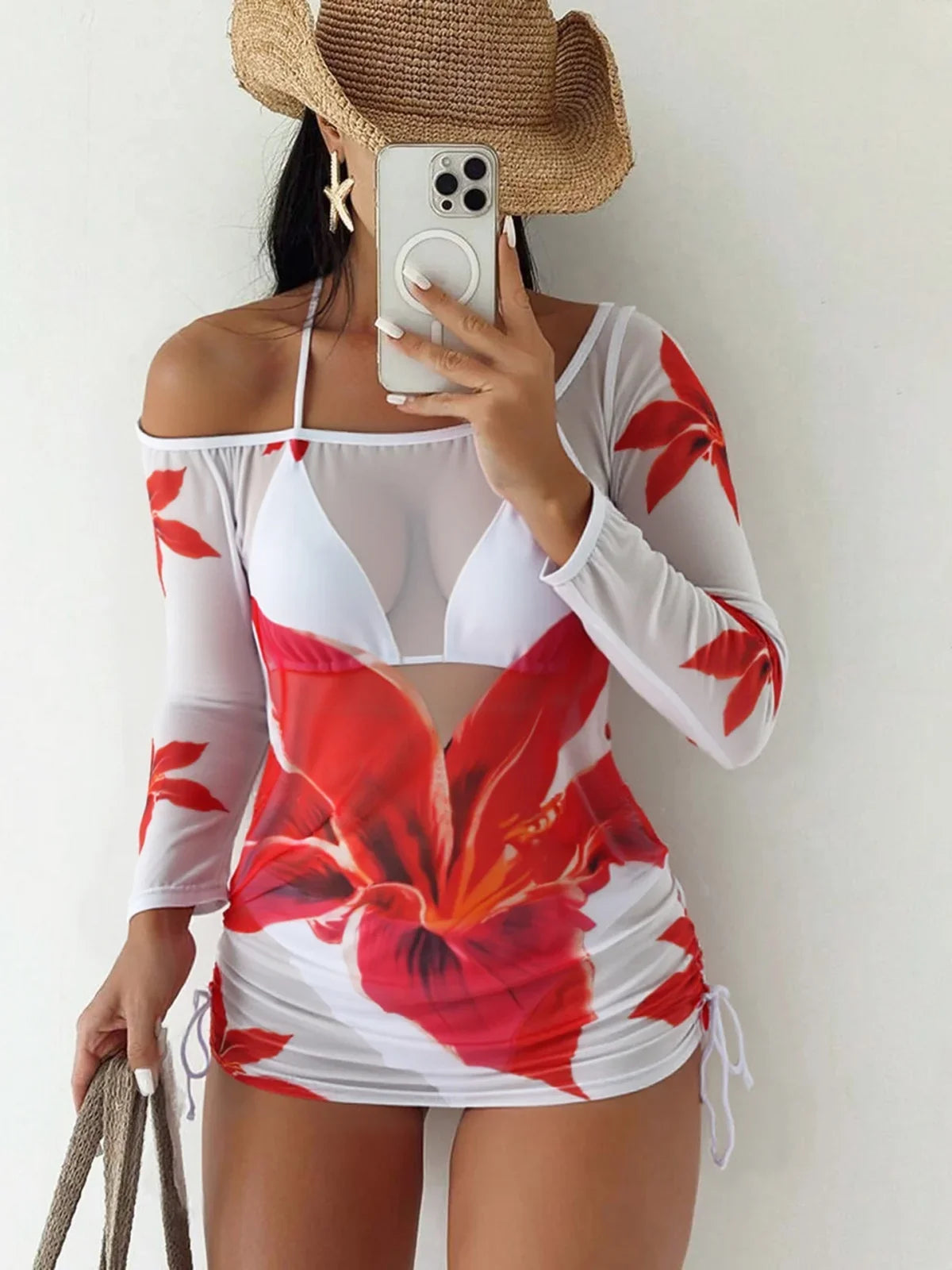 Sexy White Red Floral Print Bikini Set