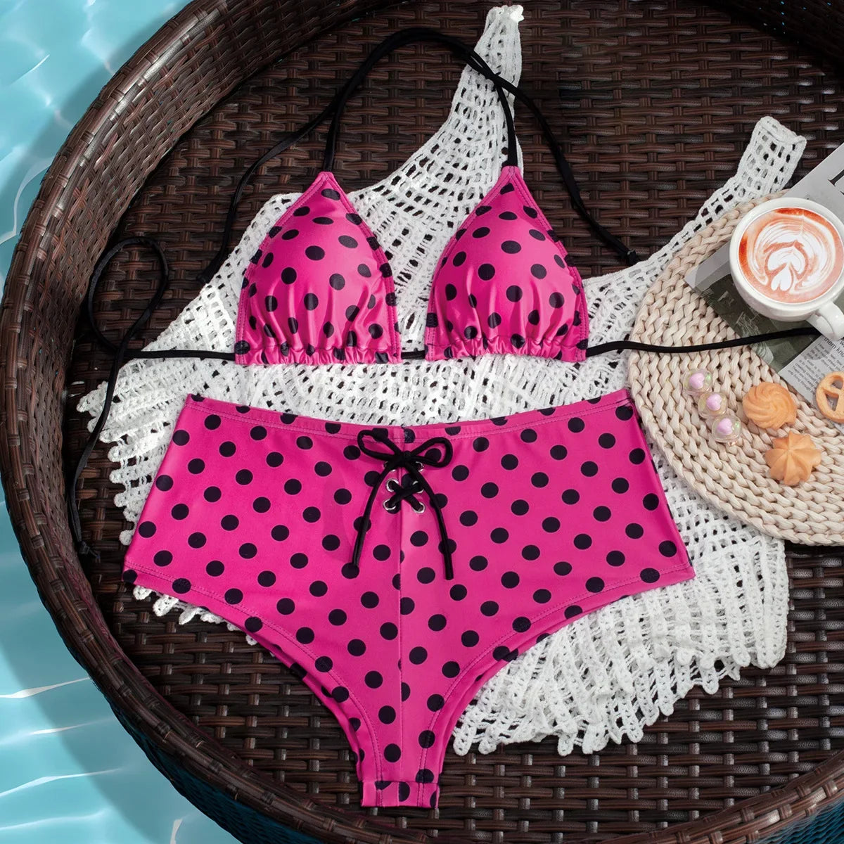 Sexy Hot Pink Polka Dot Print Bikini Set
