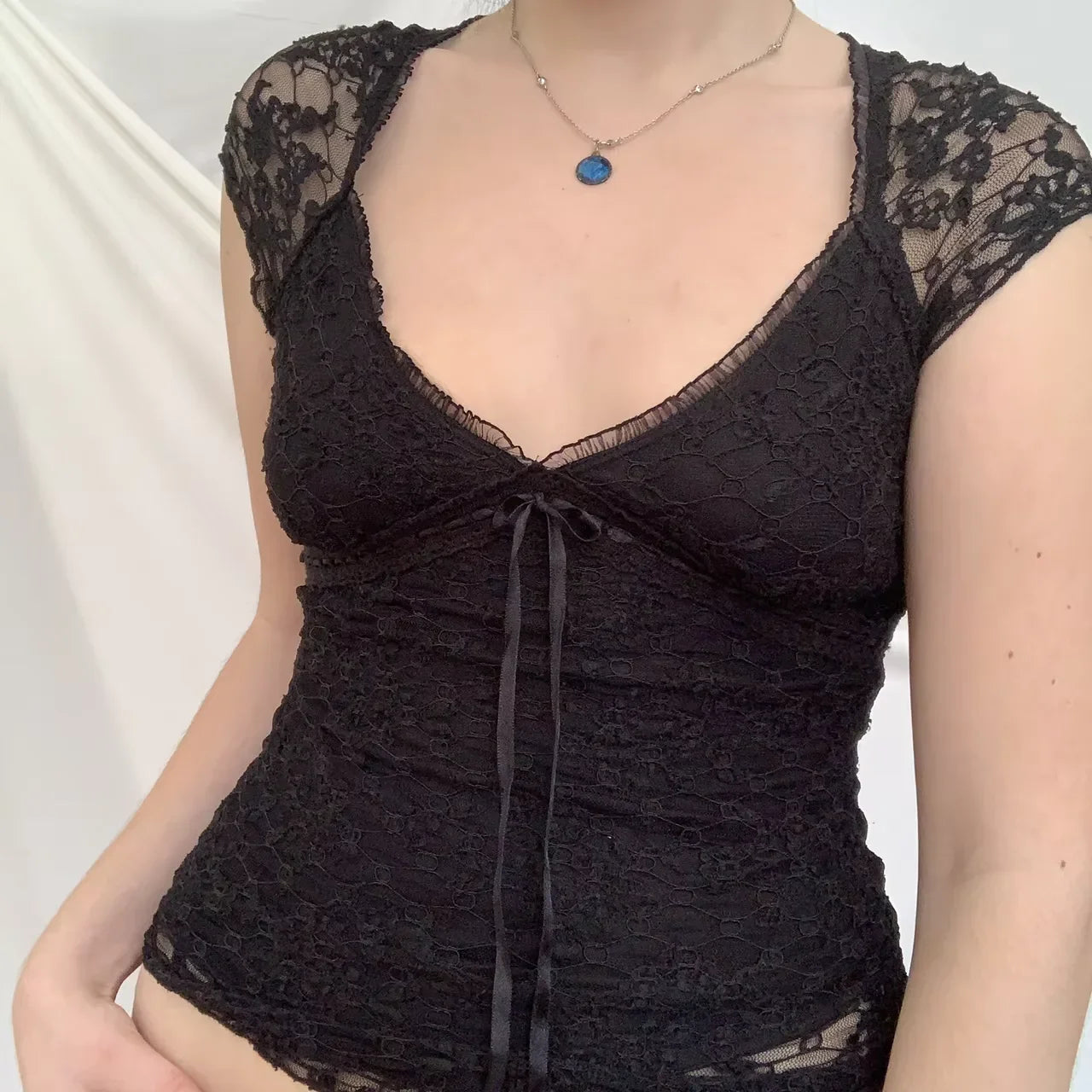 Y2K Fairycore Blue Floral Lace Milkmaid Tank Tops