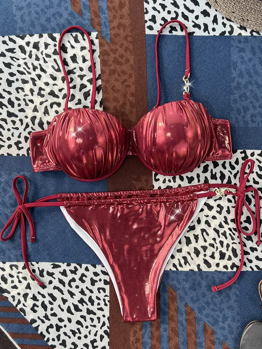 Shiny PU Leather Underwired Bra Cup Bikini