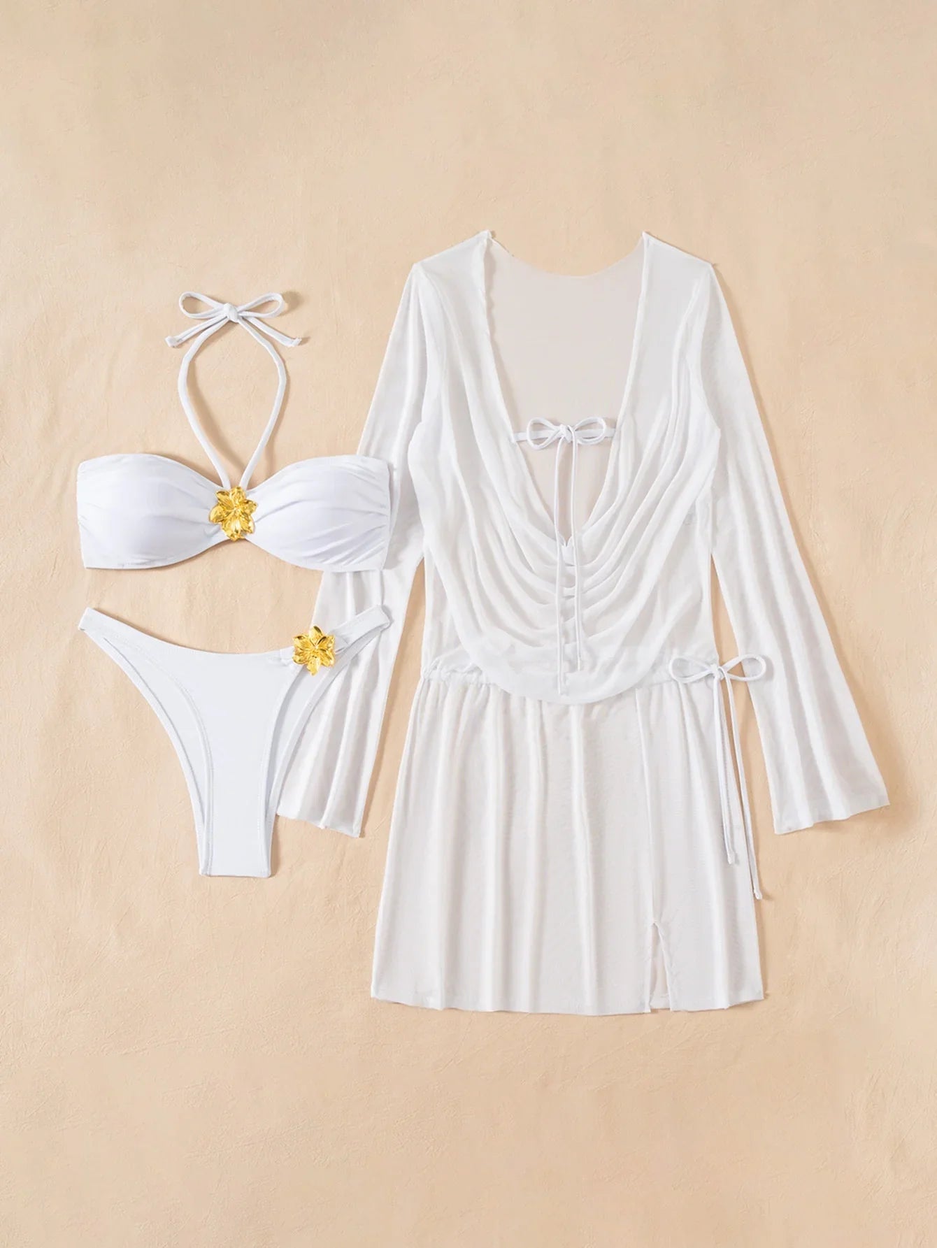 Sexy Long Sleeve Cover Up 3 Piece Bikini Set