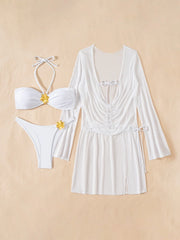 Sexy Long Sleeve Cover Up 3 Piece Bikini Set