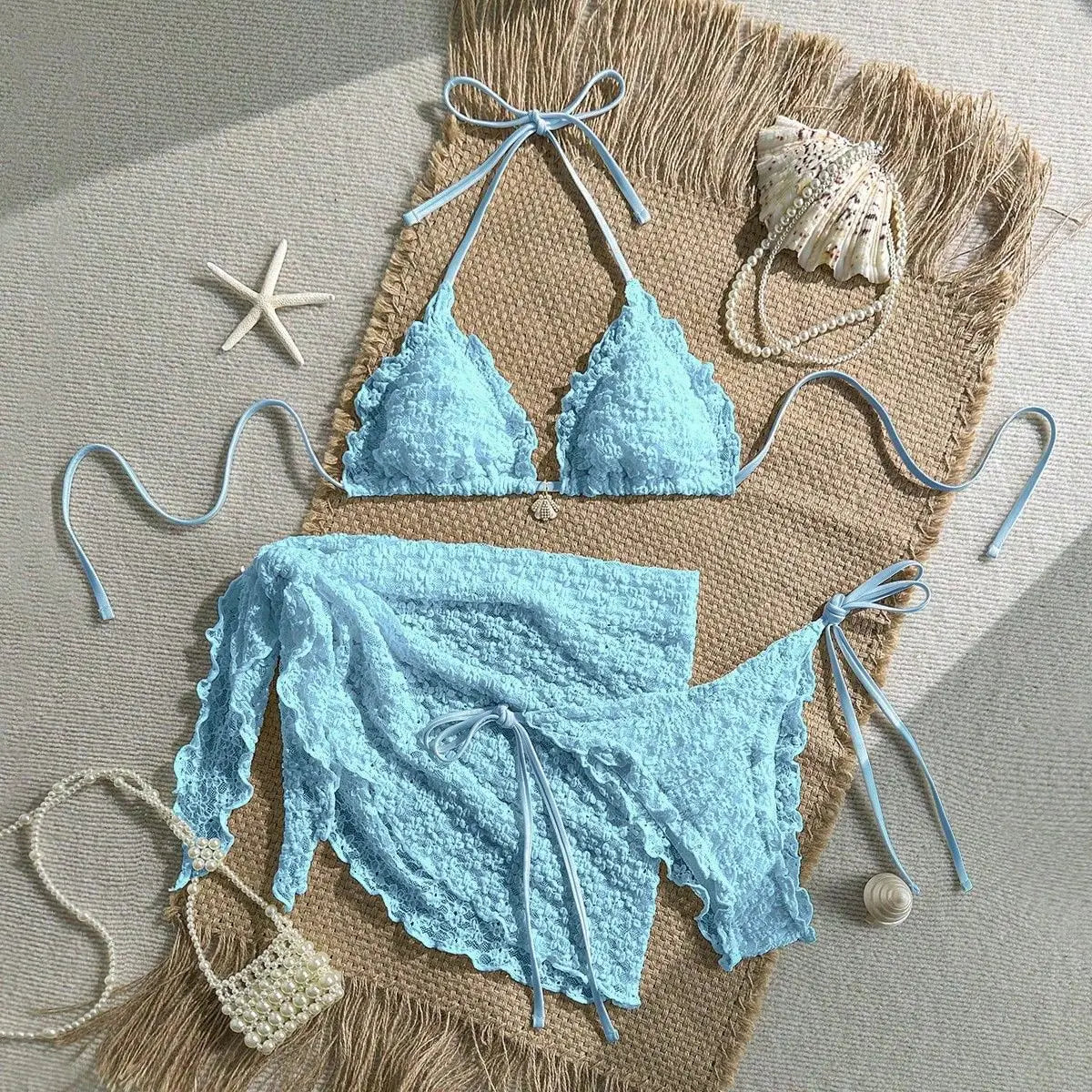 Sexy Yellow Coffee Mesh Skirt 3 Piece Bikini Set