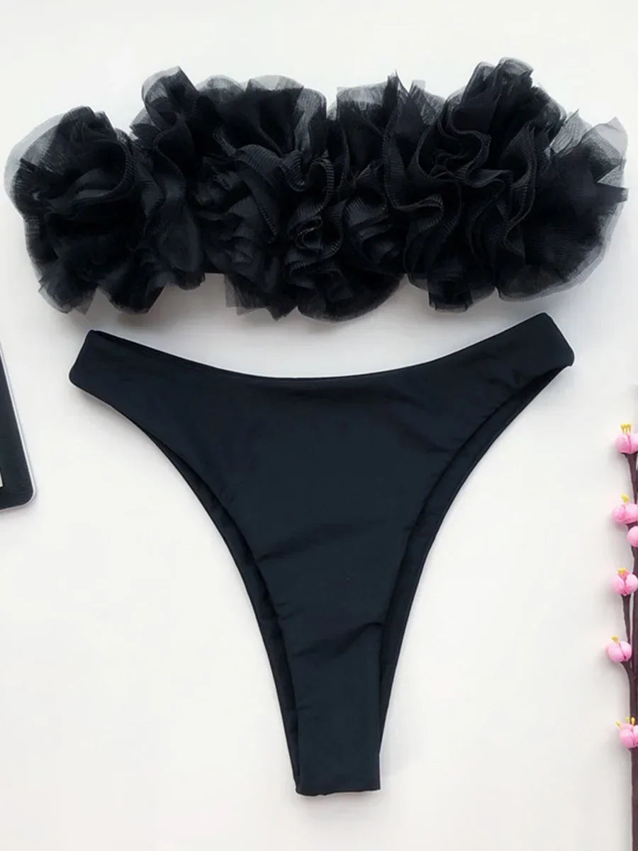 New Sexy 3D Flower Mesh Ruffled Swimsuit