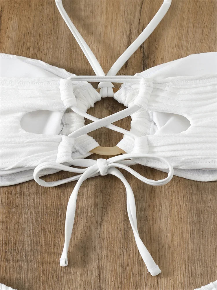 White Ring Linked Hollow Out Push Up Micro Swimsuit