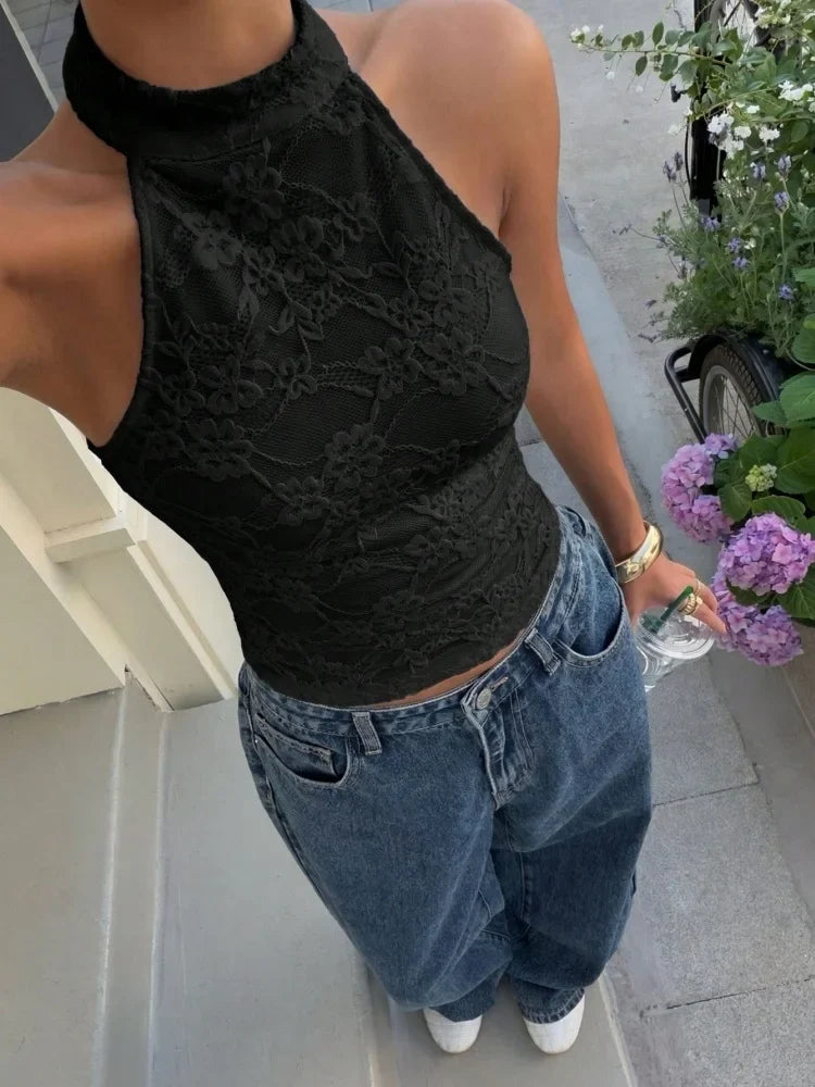 White Lace High Neck Halter Back Button Backless Slim Fit Crop Top
