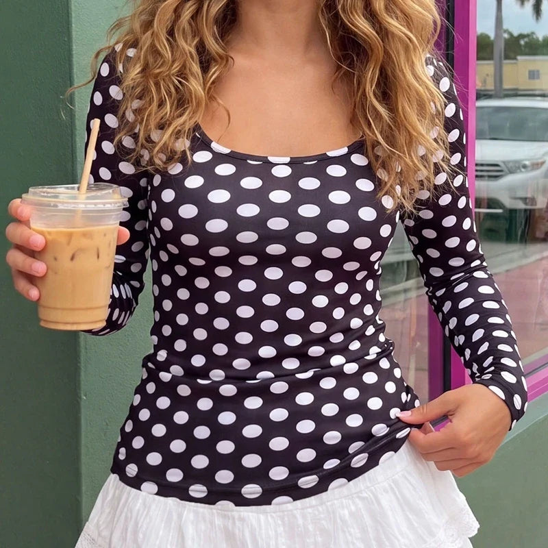 Y2K Coquette Polka‑Dot Long Sleeve Crop Top