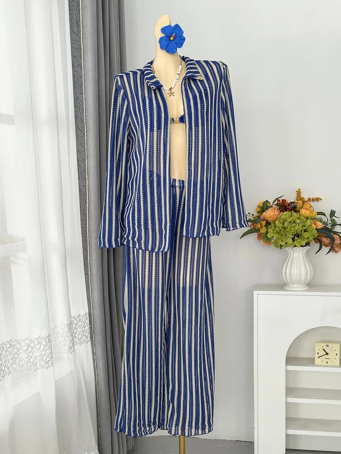 Sexy Blue Striped 4 Piece Bikini Set