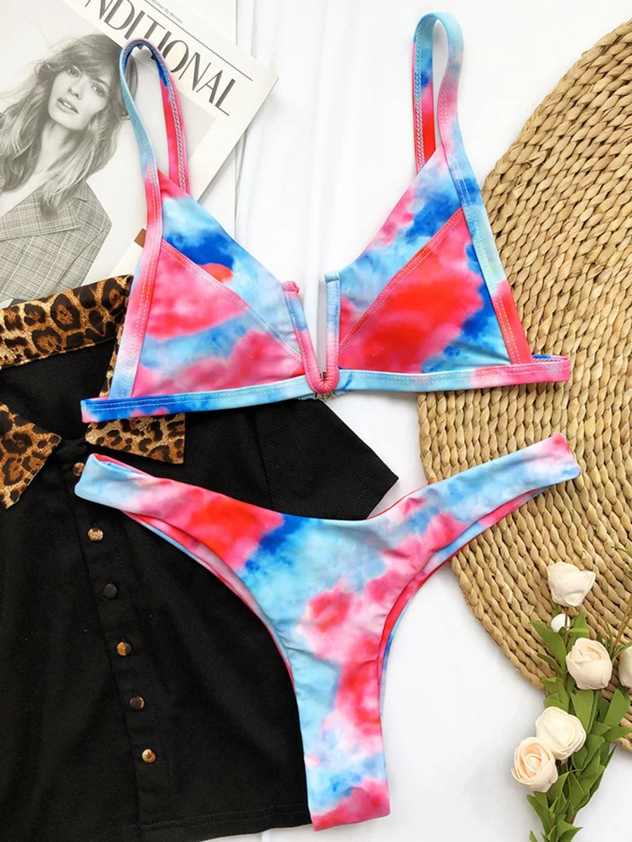 Splicing Denim V Shaped Thong Bikini