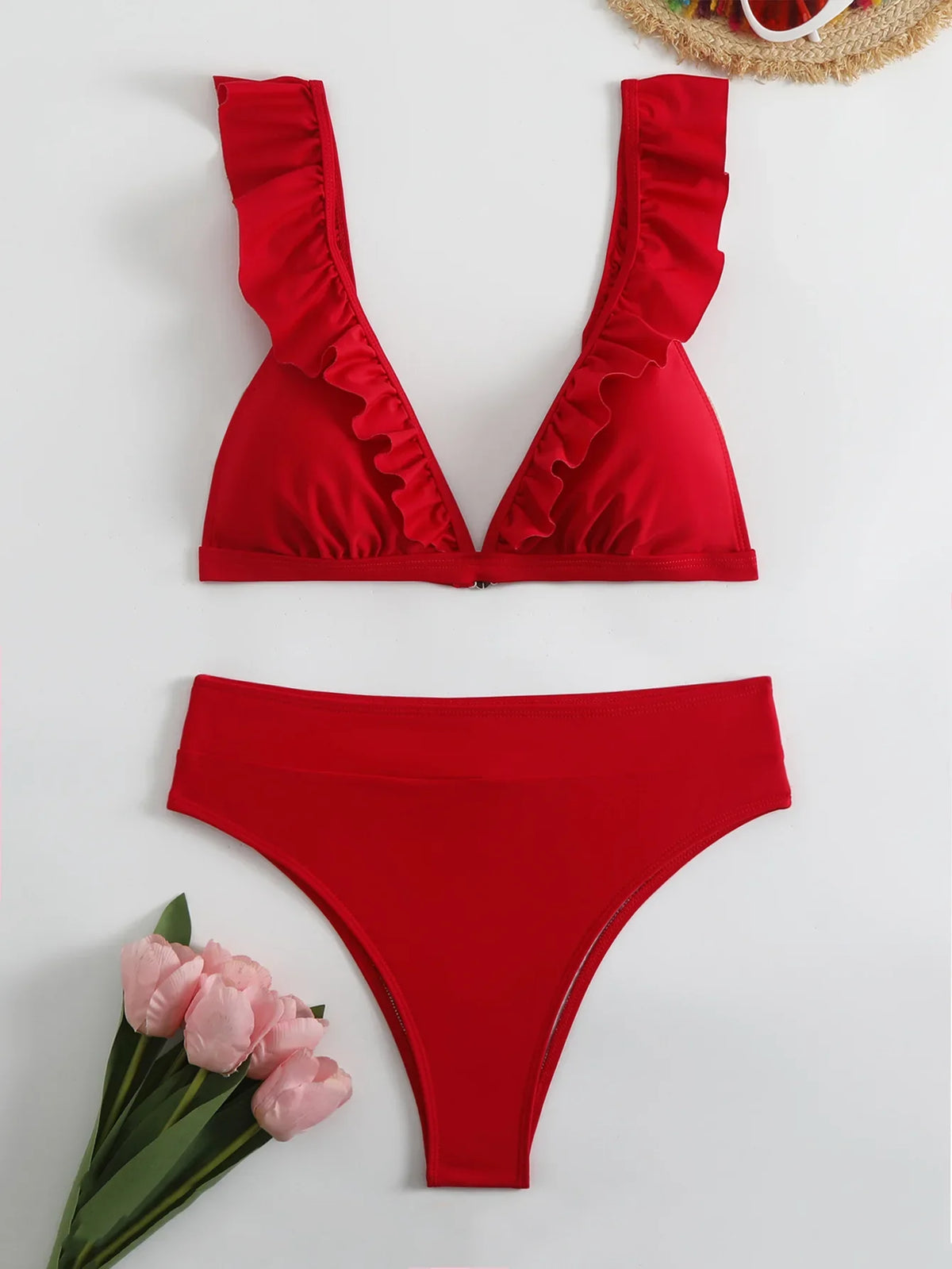 Sexy Ruffles V Bra Push Up Bikini Set