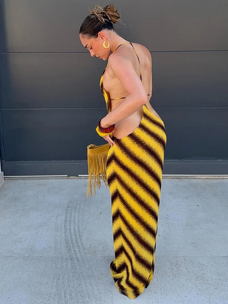 Yellow Brown Diagonal Stripe Ribbed Maxi Dress