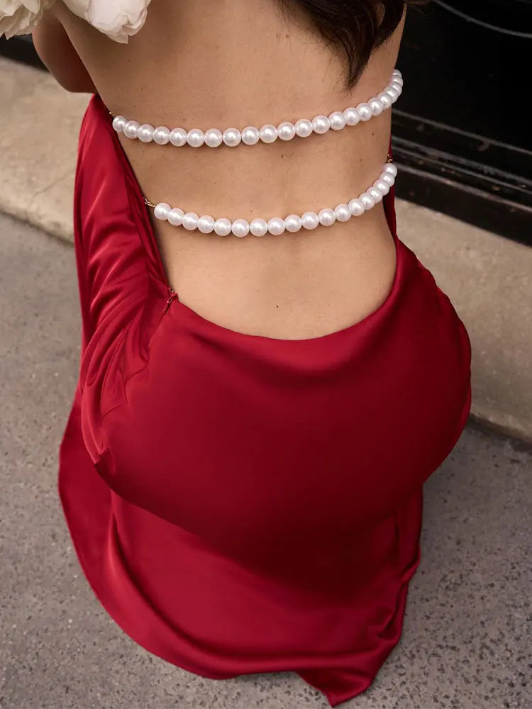 Satin Backless Pearls Sexy Bodycon Prom Party Maxi Dress