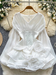 3D Floral Satin Corset Sheer Lantern Sleeve Ruched Stretch Waist Ladies Luxury Party Ruffles Splice Slim Short Dress