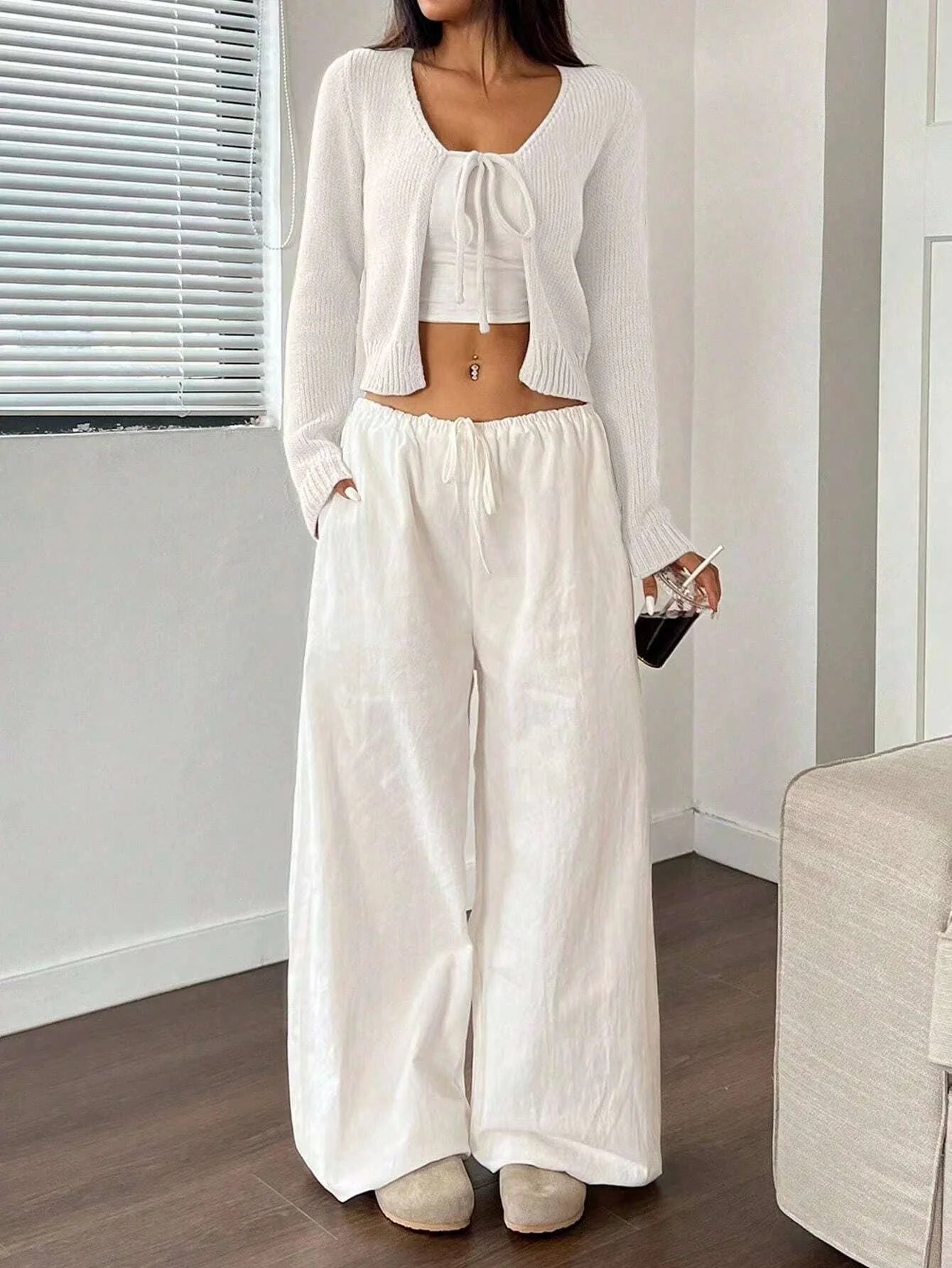 Front Strap Cropped Cardigan Rib-knit Long Sleeve