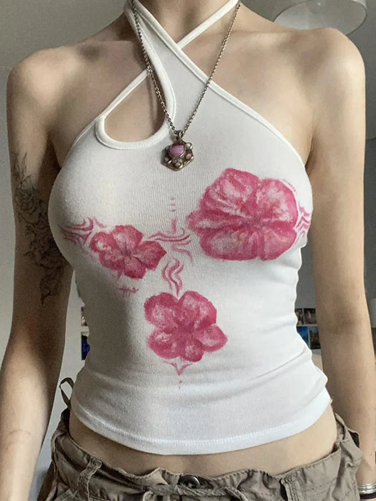 Women's Vintage Y2K Floral Print Halter Crop Top