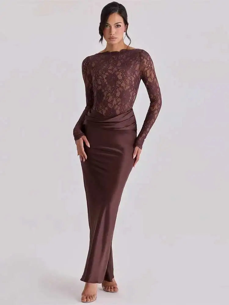 Off Shoulder Lace Satin Maxi Dress