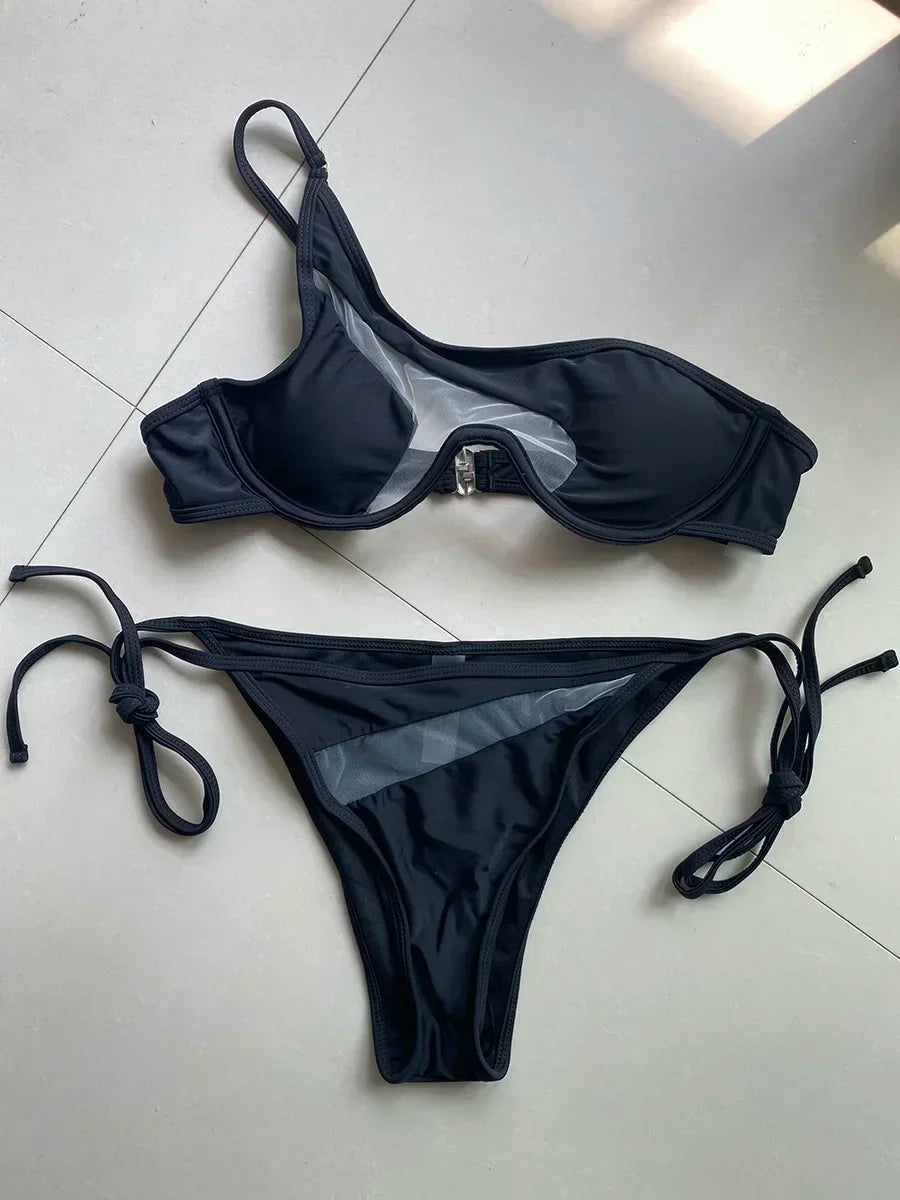 Splicing Mesh One Shoulder Underwire V-bar Bikini