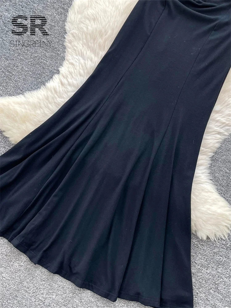 Embroidery Black Fishtail Dress