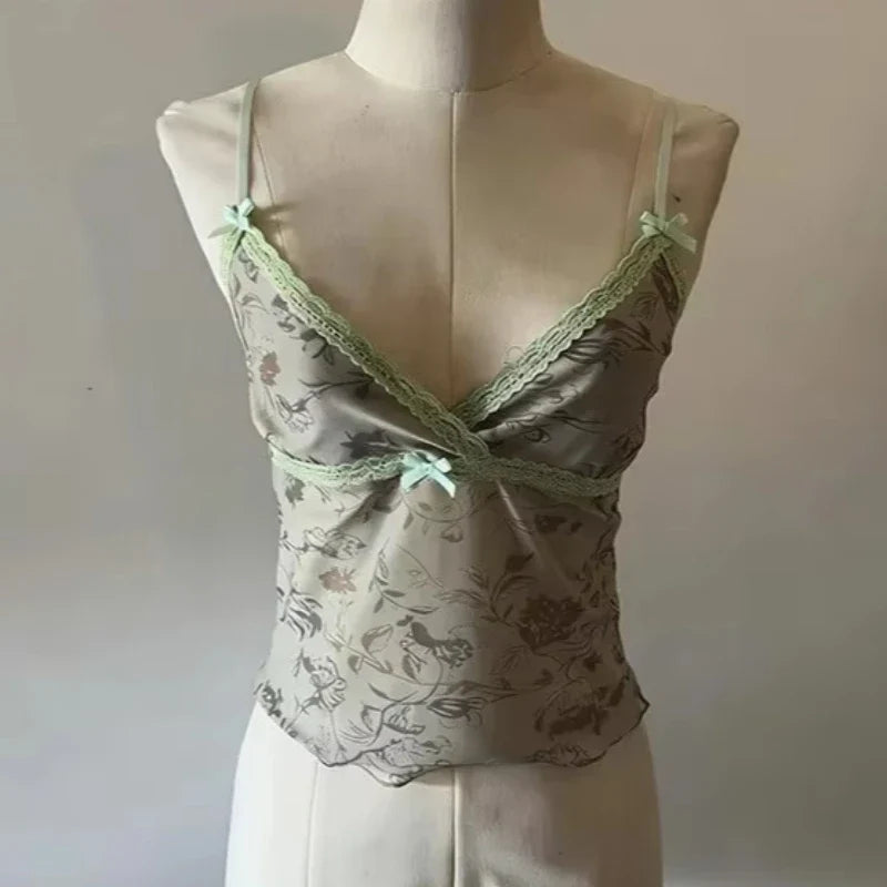 Ins Style Retro Floral Print Lace Trim Cami Top
