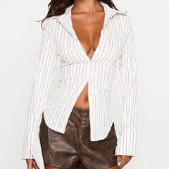 Slim Fit Button Down Striped T-Shirt Elegant Office Lady Long Sleeve Blouse Tees Vintage Y2K Chic Crop Tops