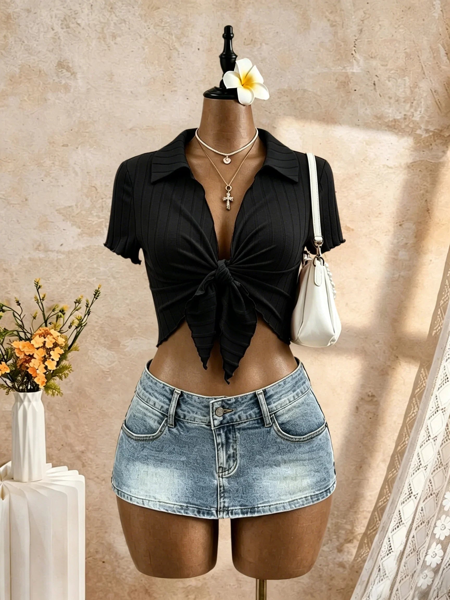 Polo Collar Front Tie Knot Short Sleeve Crop Top