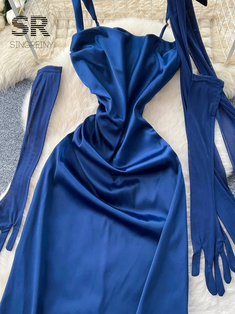 Sexy Satin Party Dresse With Mesh Oversleeve Ribbons Solid Slim 1950s Chic Feminine Flapper Sensual Sling Long Dresses