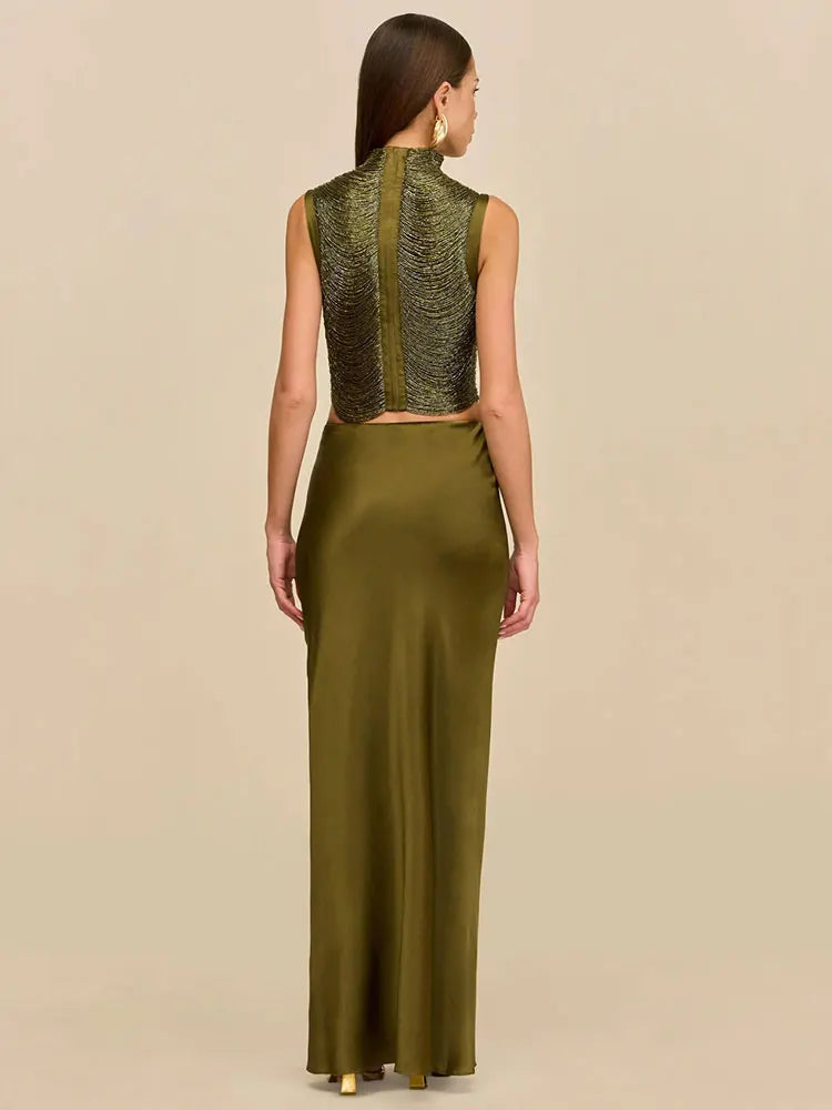 Satin Sexy Tassel Crop Tops Mermaid Long Skirt Sets Elegant Sleeveless Slim Tank Top Vest Party Set