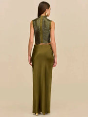 Satin Sexy Tassel Crop Tops Mermaid Long Skirt Sets Elegant Sleeveless Slim Tank Top Vest Party Set