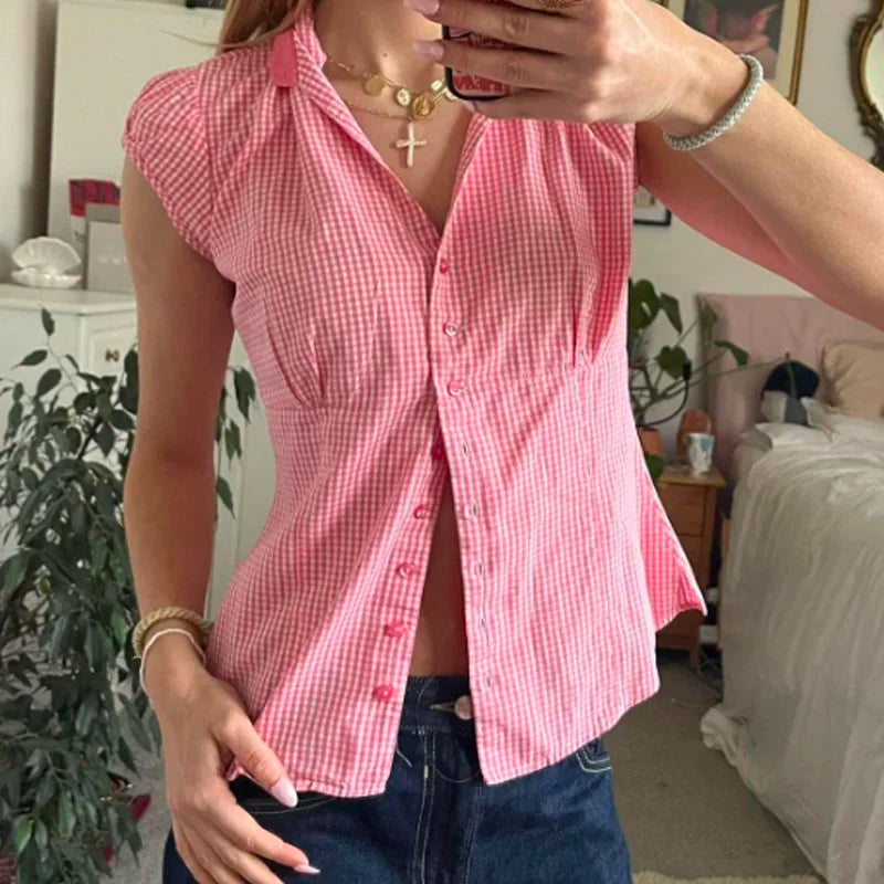 Vintage Plaid Cap Sleeve Fitted Blouse Tops