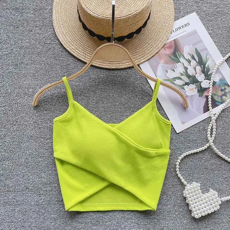 V Neck Spaghetti Strap Camisole Cross Wrap Front Cutout Hem Ribbed Slim Cropped Tank Top