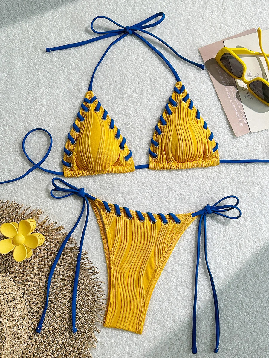 Halter Wrinkled Weaved Bikini