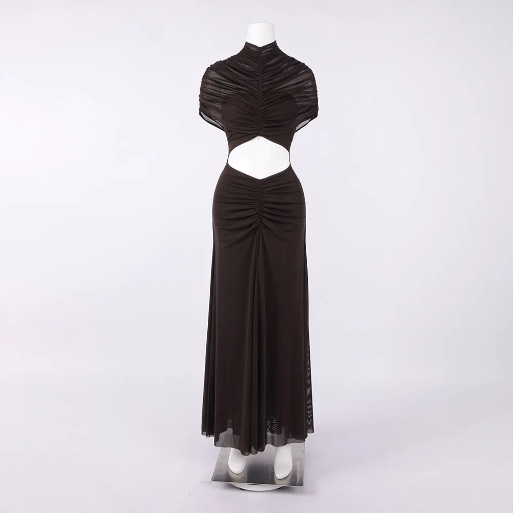 Crew Neck Sheer Mesh Smocked Tiered Hollow Out Long Prom Dress