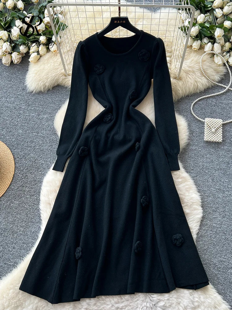 3D Floral Knitted Long Dress