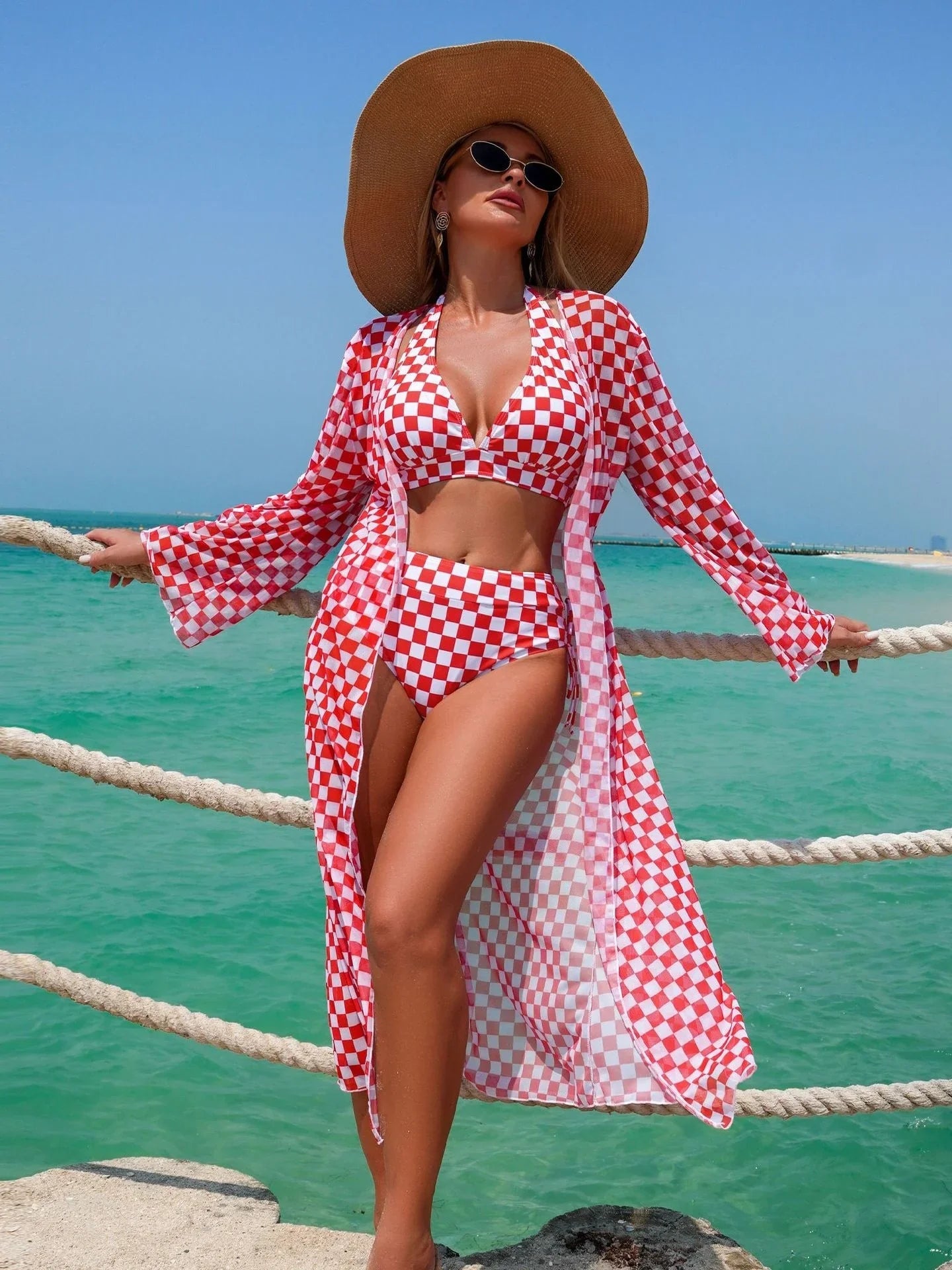 Vintage Black Plaid Print Long Sleeve Cover Up Bikini Set