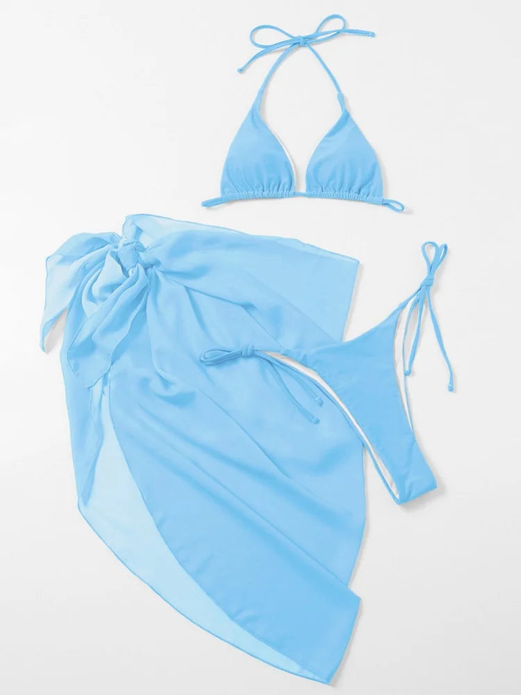 Sexy Mesh Skirt 3 Piece Bikini Set
