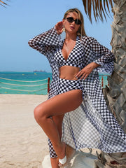 Vintage Black Plaid Print Long Sleeve Cover Up Bikini Set
