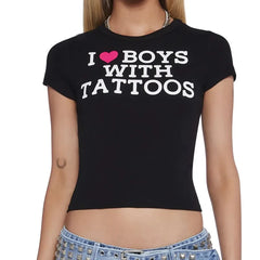 Aesthetic Letter Print Graphics Goth Casual Short Sleeve T shirt 2000s grunge Harajuku Streetwear Slim Y2k Crop Top